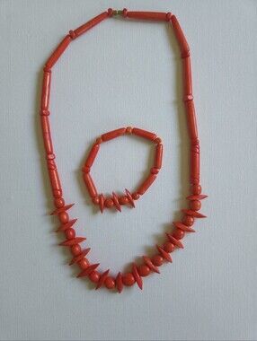 Vintage Orange Dyed Coral Look Resin Bead Necklace & Bracelet Set, Retro Tiki Bo